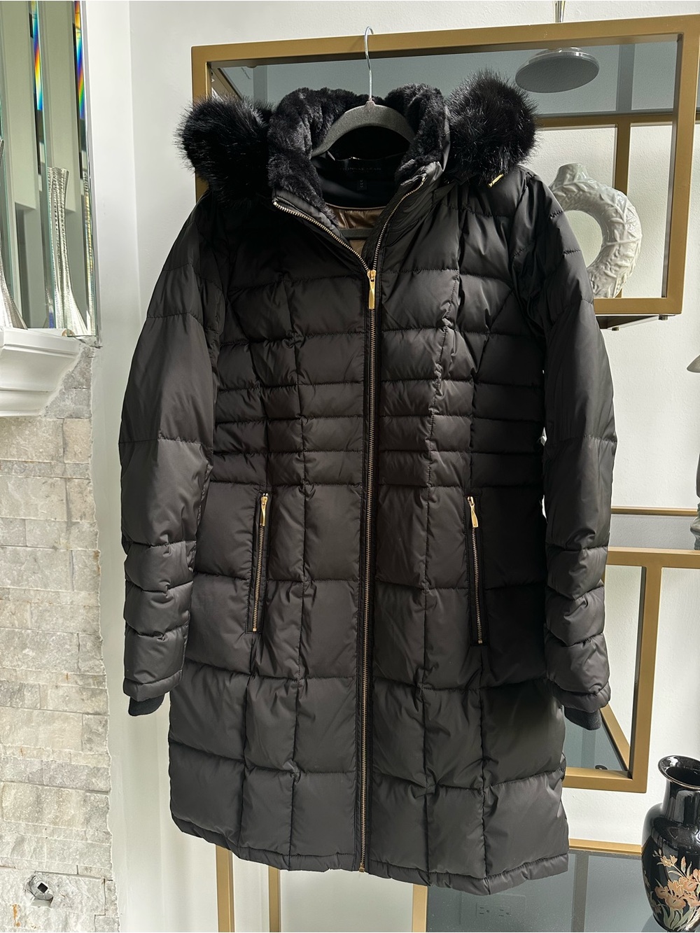 Donna Karan NWT Black Quilted Puffer Coat with Faux Fur Hood